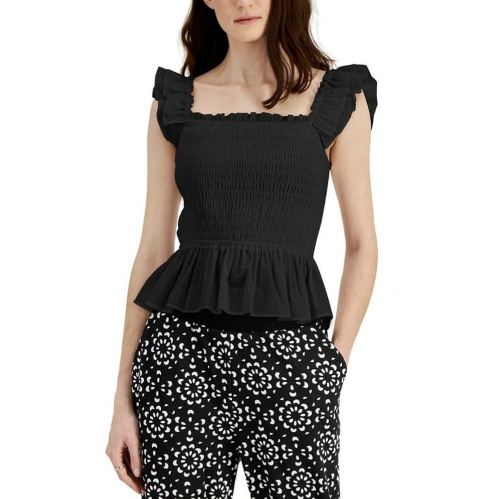 INC International Concepts Black Smocked Ruffle Blouse